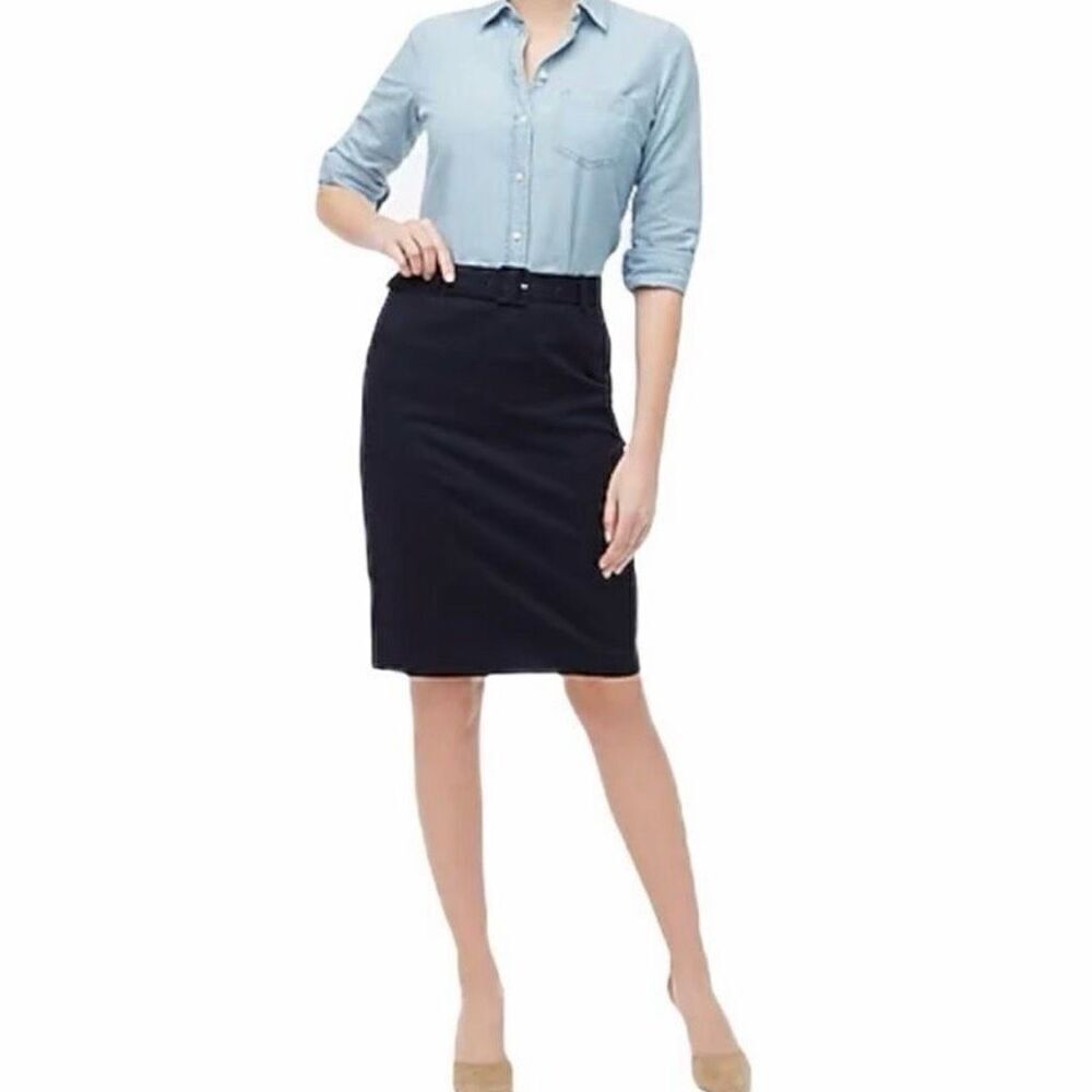 J Crew Factory Sateen Belted Pencil Skirt Knee Length Women 8 Navy Blue AV804